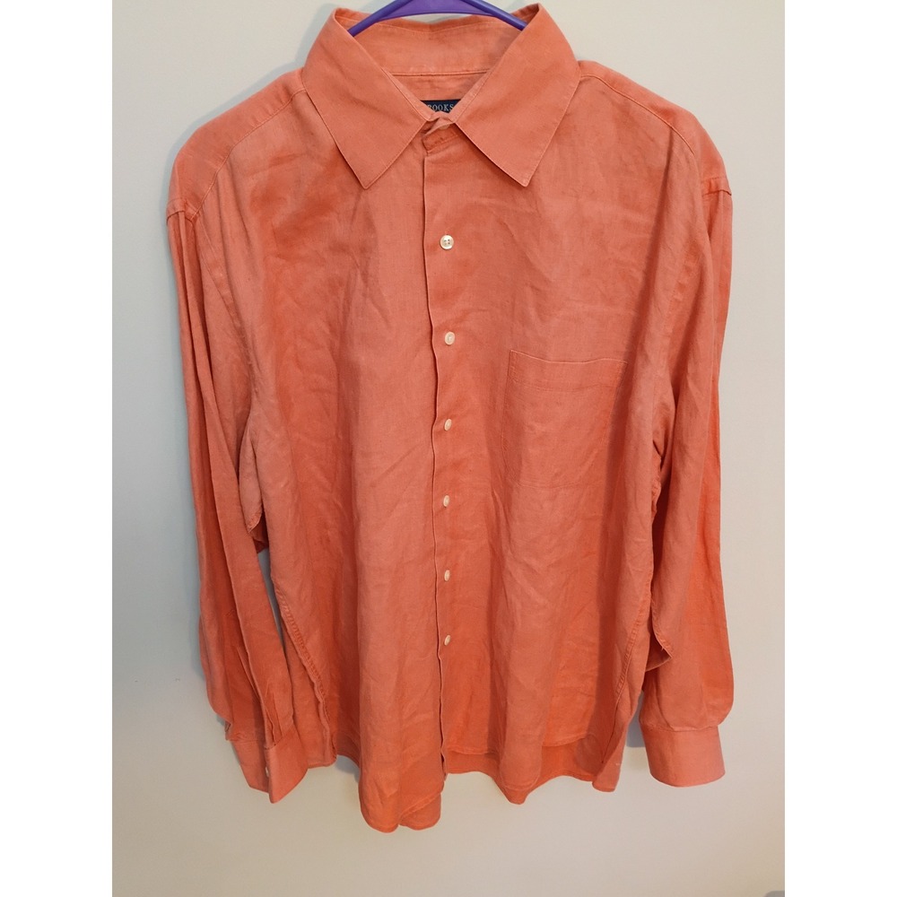 Brooks Brothers Sport Mens Large 100% Linen Button Down Shirt Coral Orange L/S